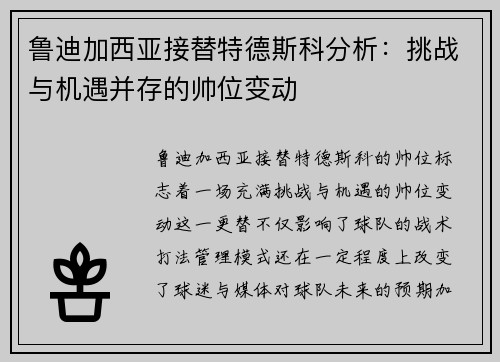 鲁迪加西亚接替特德斯科分析：挑战与机遇并存的帅位变动